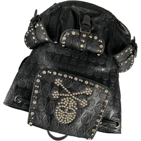 Women Black Faux Leather Skull Rhinestones Rucksack Daypack with Multi-Pockets a